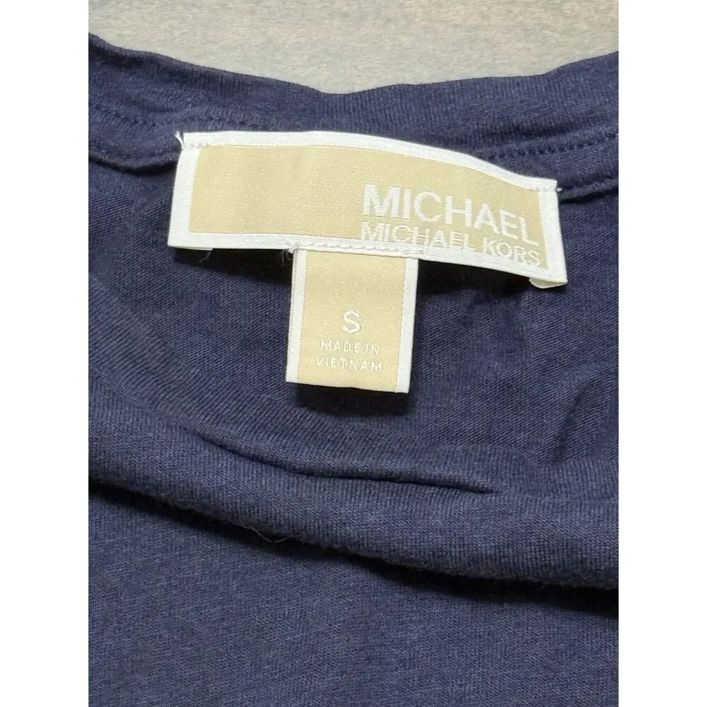 Michael Kors Women’s Shirt Sz S Navy Blue Short Tie Sleeves Gold LOGO